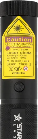 Starlight V1 Pro violetter Laserpointer – Nahaufnahme des Warnetiketts mit der Laserklasse